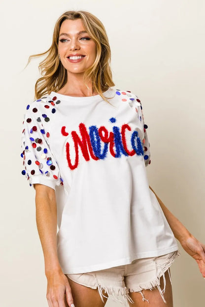 BiBi Metallic Letter Spangle Raglan Puff Sleeve Top