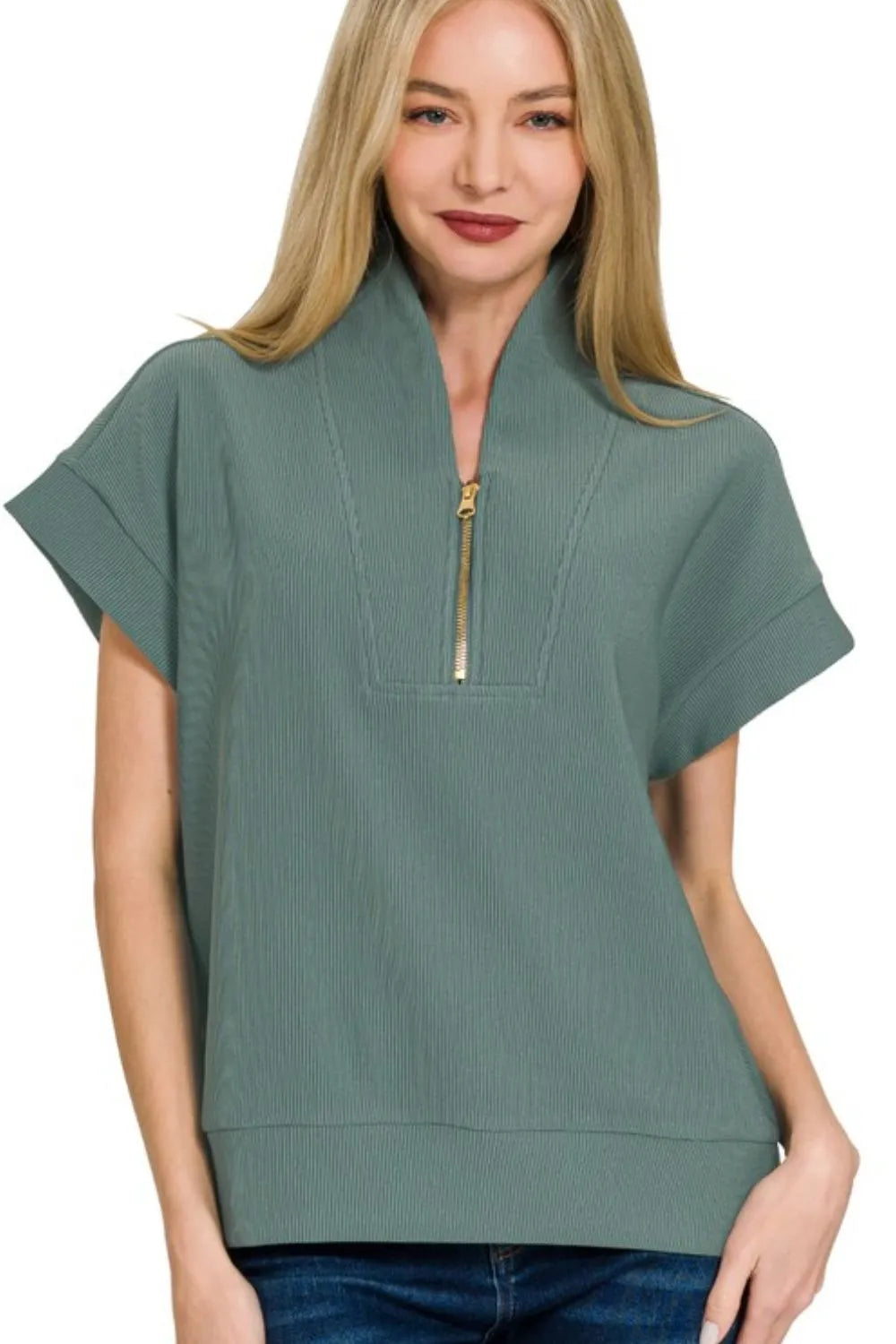 Zenana Ribbed High Neck Half Zip Top in Jade