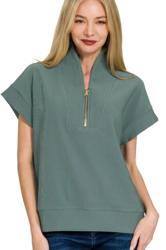 Zenana Ribbed High Neck Half Zip Top in Jade