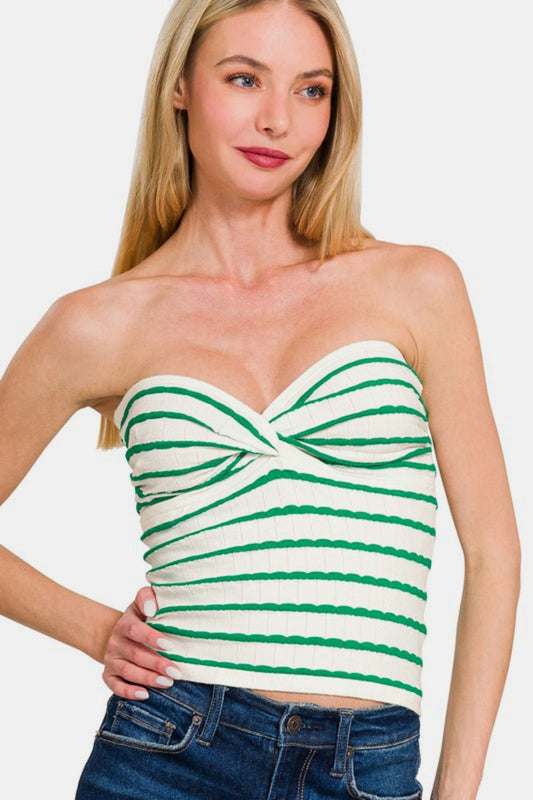 Zenana Twisted Sweetheart Neck Striped Tube Top in Green
