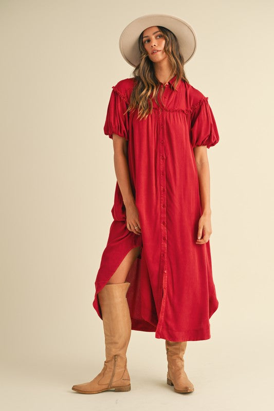 Annie Wear Mineral Washed Button Down Puff Sleeve Shirt Dress