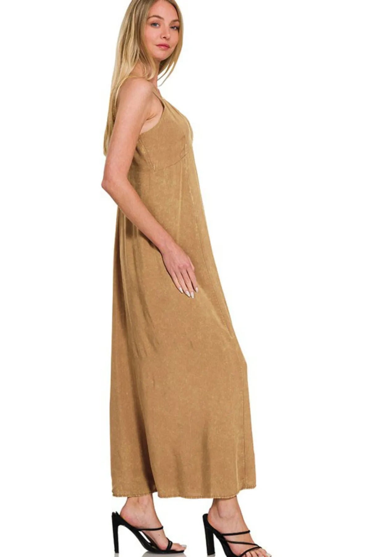Zenana Mineral Washed Rayon Challis Cami Dress in Camel