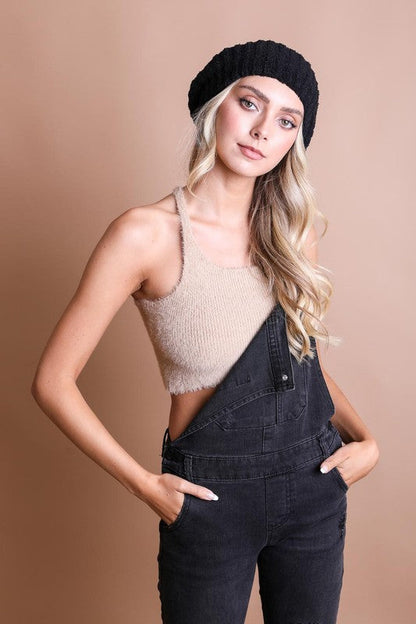 Boucle Rib Knit Beret in Black