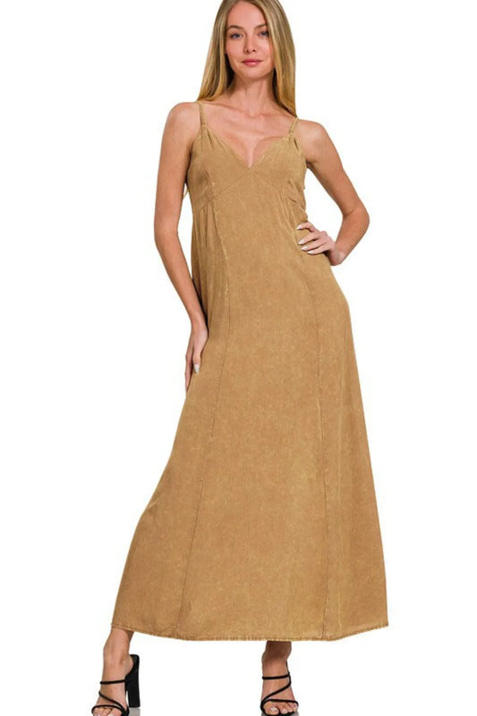 Zenana Mineral Washed Rayon Challis Cami Dress in Camel