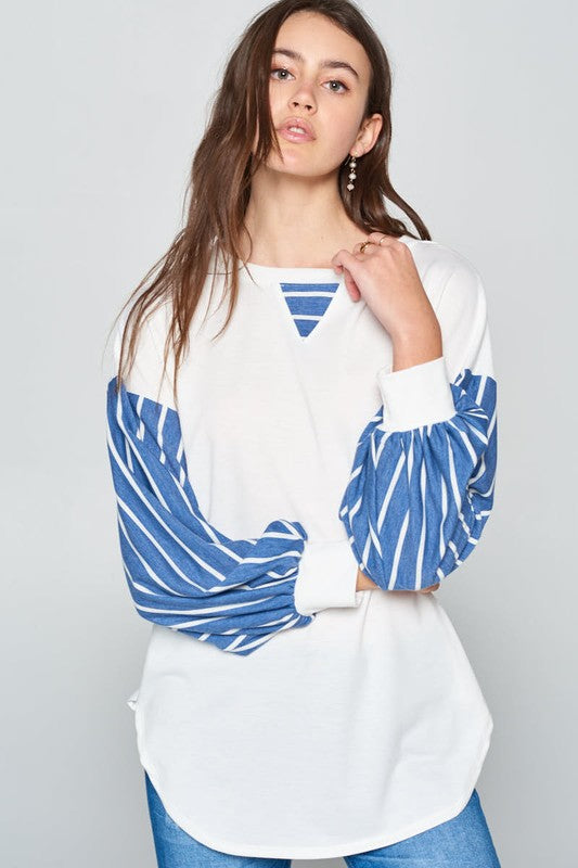 Full Size French Terry Striped Long Sleeve Top