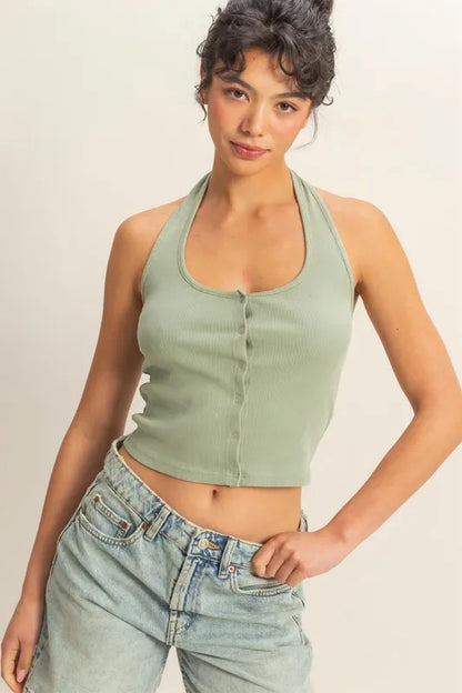 HYFVE Halter Neck Buttoned Washed Top in Sage