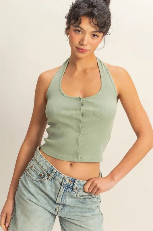 HYFVE Halter Neck Buttoned Washed Top in Sage