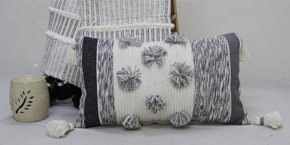 Melange Striped Throw Pillow with Large Poms and Tassels 14"x24"