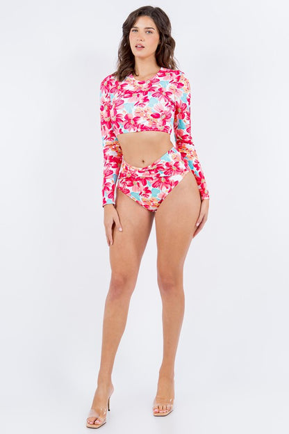 Two Piece Floral Prints with Long Sleeve Bikini