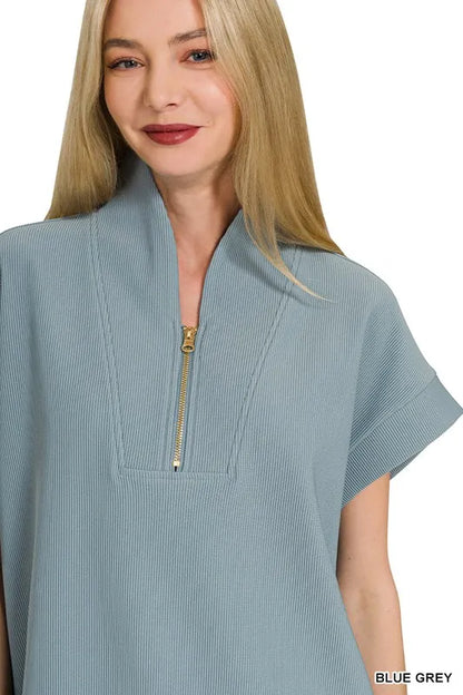 Zenana Ribbed High Neck Half Zip Top in Blue Grey