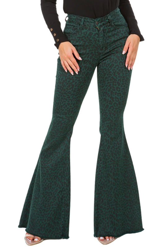 Leopard Bell Bottom Jean in Pine Green