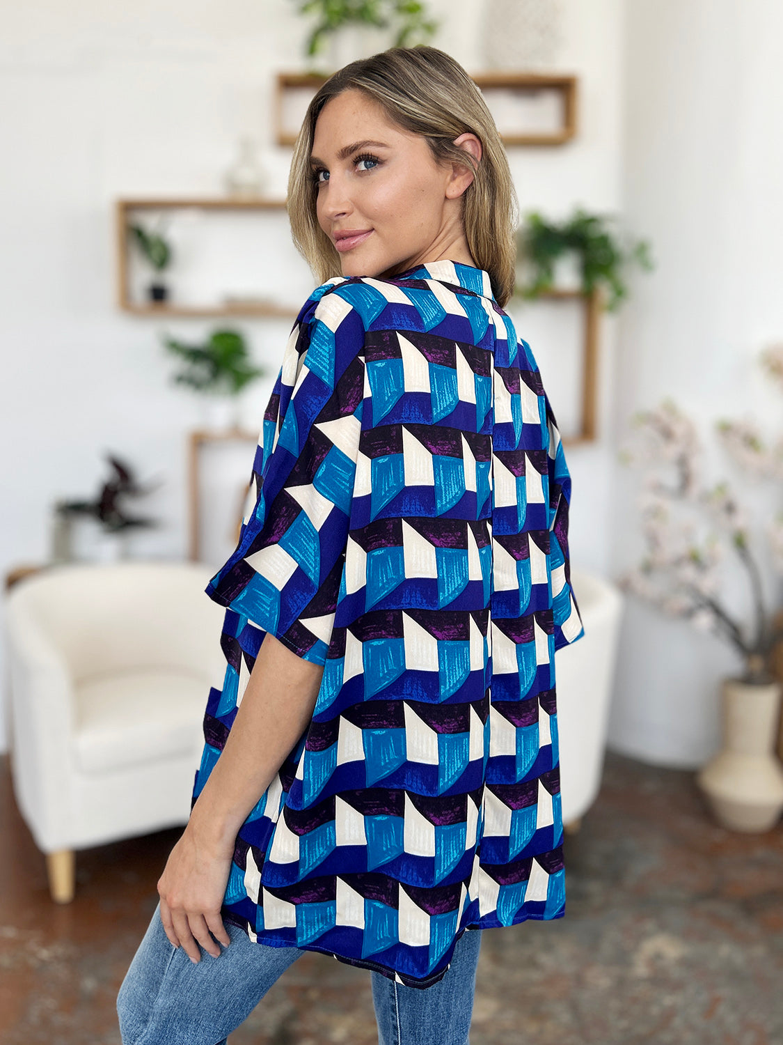 Double Take Full Size Geometric Notched Half Sleeve Blouse