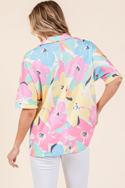 BOMBOM Floral Collared Neck Half Sleeve Top