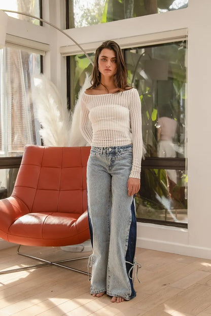 BiBi Textured Sheer Boat Neck Top