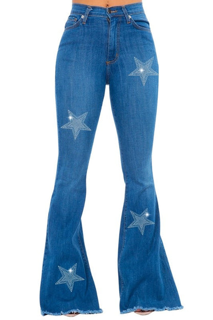GJG Denim Star Rhinestone Bell Bottom Blue