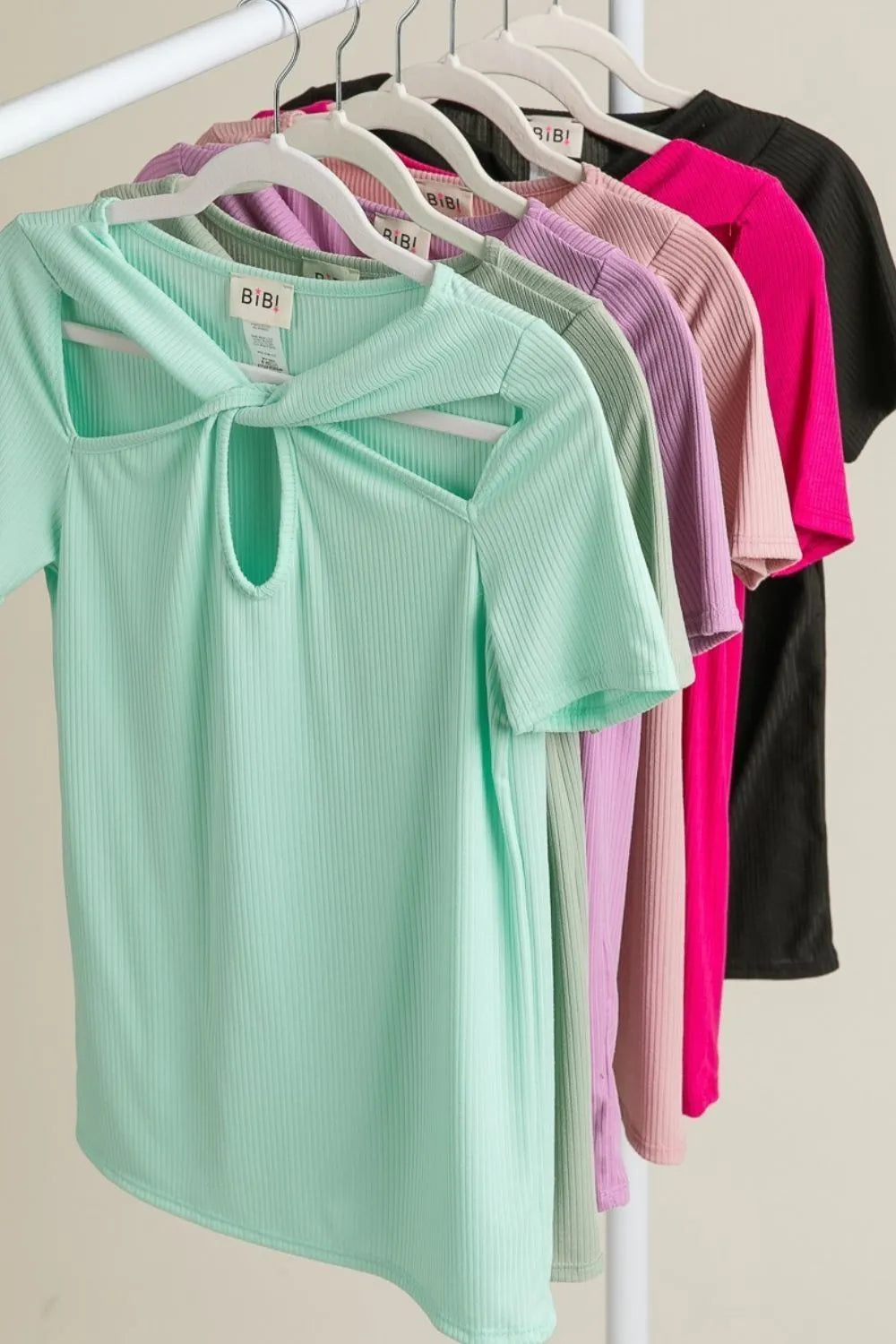 BiBi Rib Knit with Cut Out and Front Twist Detailed Top