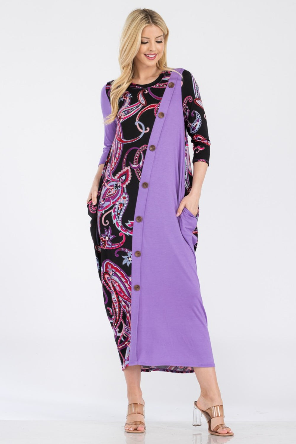 Celeste Full Size Paisley Contrast Midi Dress with Pockets