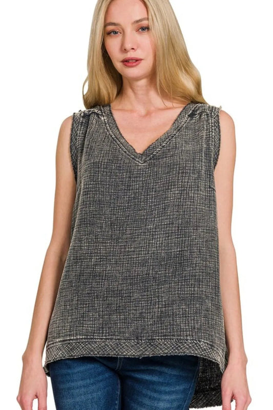Zenana Double Gauze Raw Edge Acid Washed Tank in Black