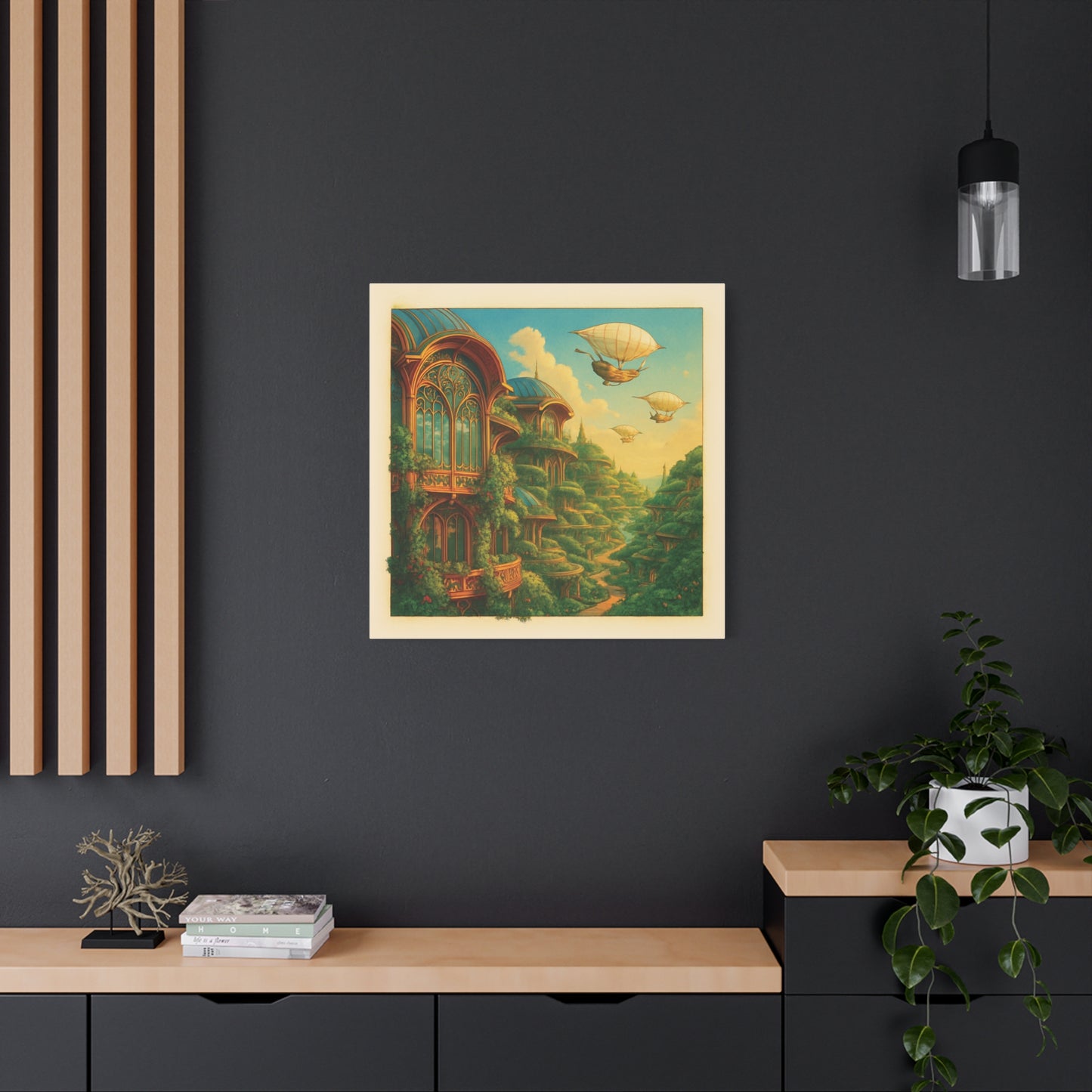 Solarpunk Utopia Cityscape - Futuristic Green Architecture & Airships Canvas Print Wall Art