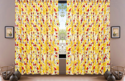 DaDa Bedding Set of 2 Radiant Sunshine Yellow Floral Window Curtain Panels - Natural Semi Sheer Hummingbirds Farmhouse Red Flowers Straight Tailored Edge