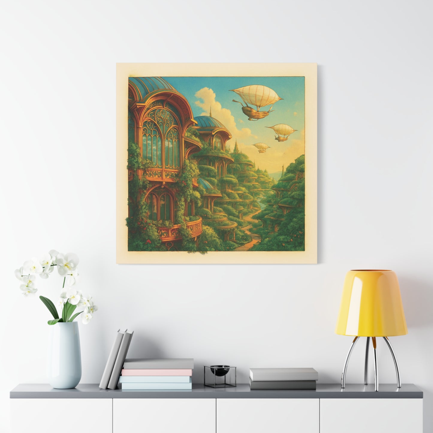 Solarpunk Utopia Cityscape - Futuristic Green Architecture & Airships Canvas Print Wall Art