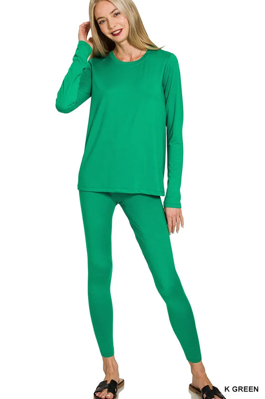 Zenana Microfiber Round Neck Top and Leggings Set in Green