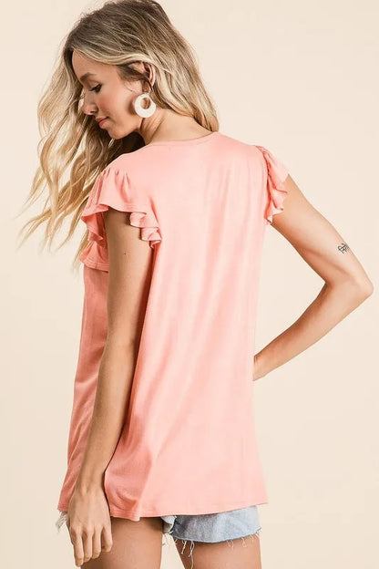 BiBi Jersey Knit Gathered Top with Ruffles in Coral