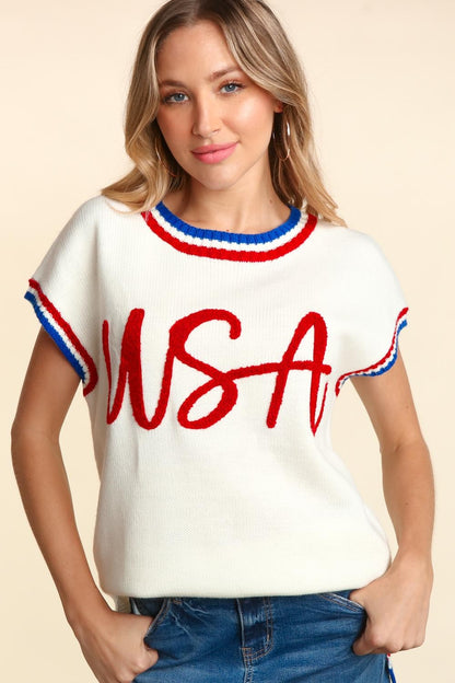 USA Haptics Letter Embroidery Slit Knit Top