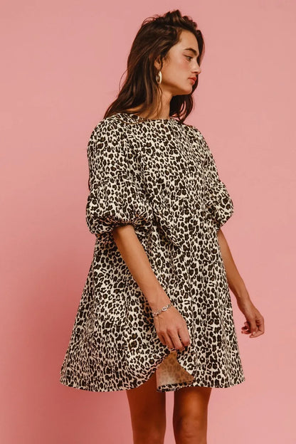 BiBi Leopard Denim Dress With Back Contrast Tie Detail