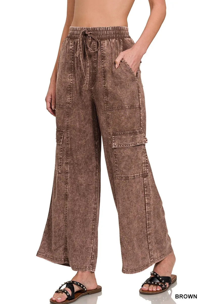 Zenana Washed Linen Elastic Band Waist Cargo Pants