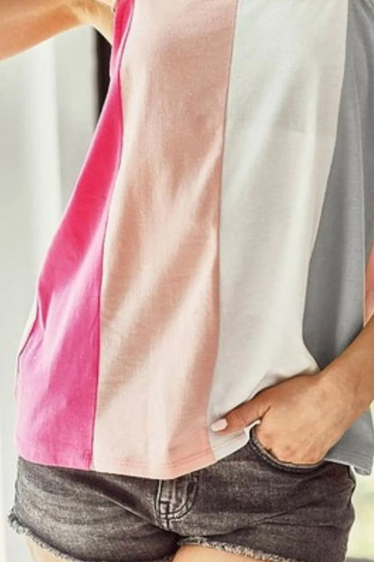 BiBi Cotton Span Color Block Ruffle Band Shoulder Tank in Fuschia