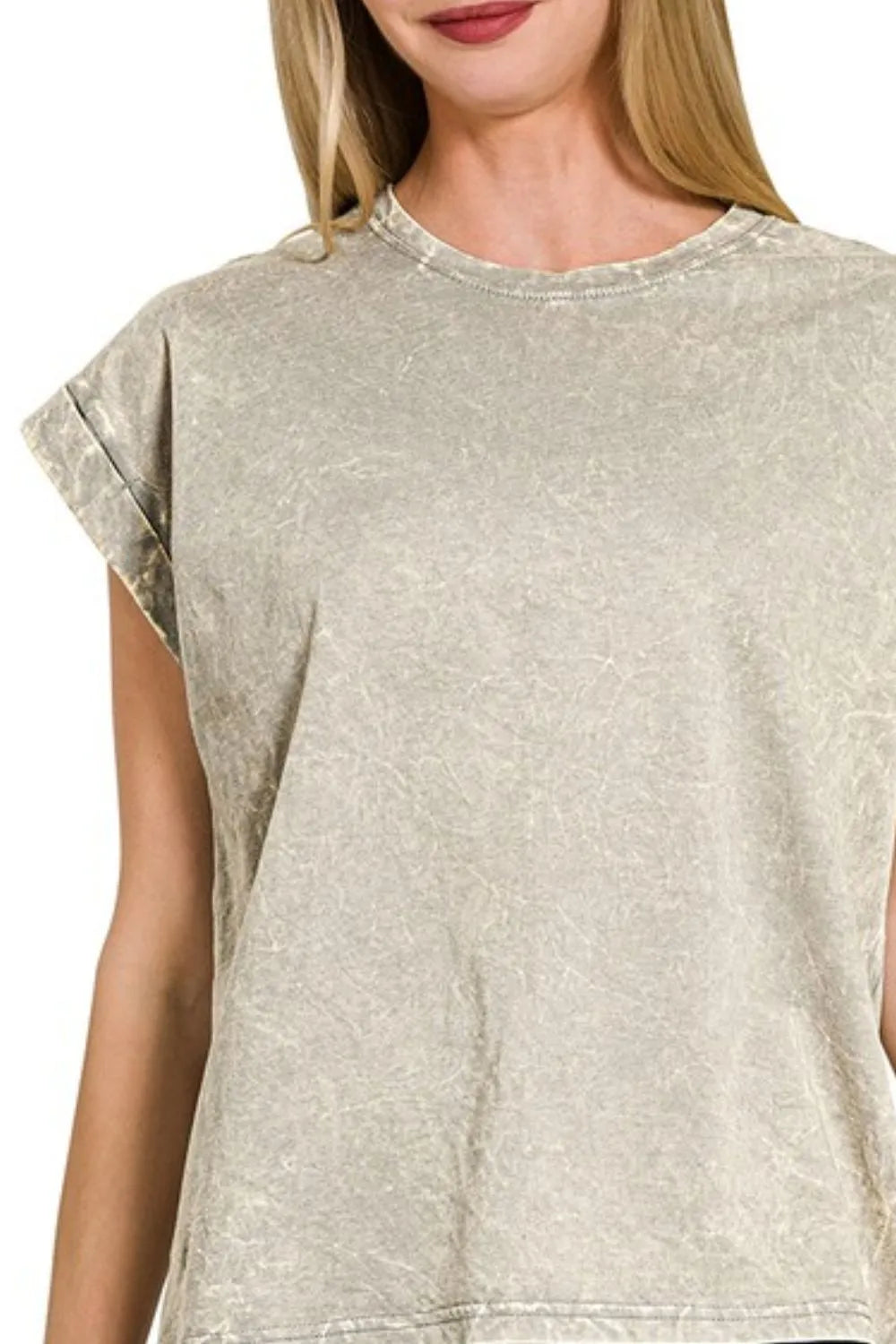 Zenana Crinkle Washed Round Neck Folded Short Sleeve Tee in Sleet