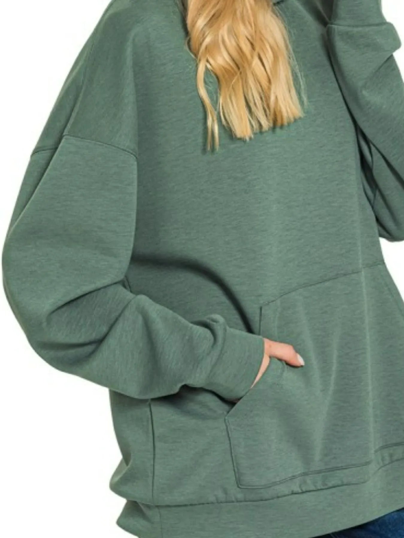 Zenana Oversized Scuba Hoodie with Kangaroo Pocket in Forest