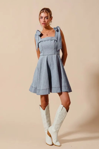 SO ME A Line Fit and Flare Diamond Bow Ribbon Denim Dress
