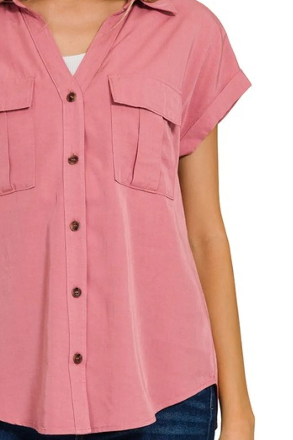 Zenana Tencel V-neck Collared Top W Front Flap Pockets in Rose