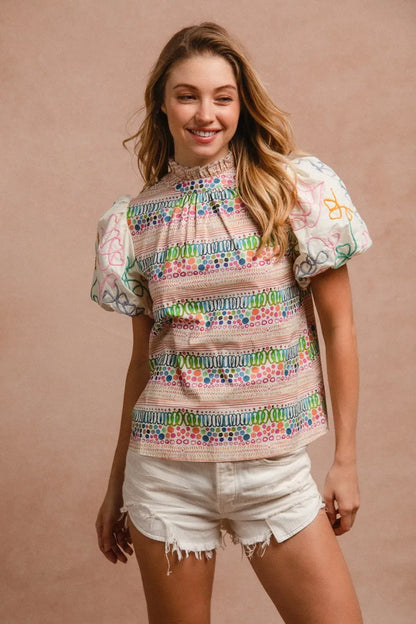 BiBi Ruffle Neckline Blouse With Embroidery Bubble Sleeve