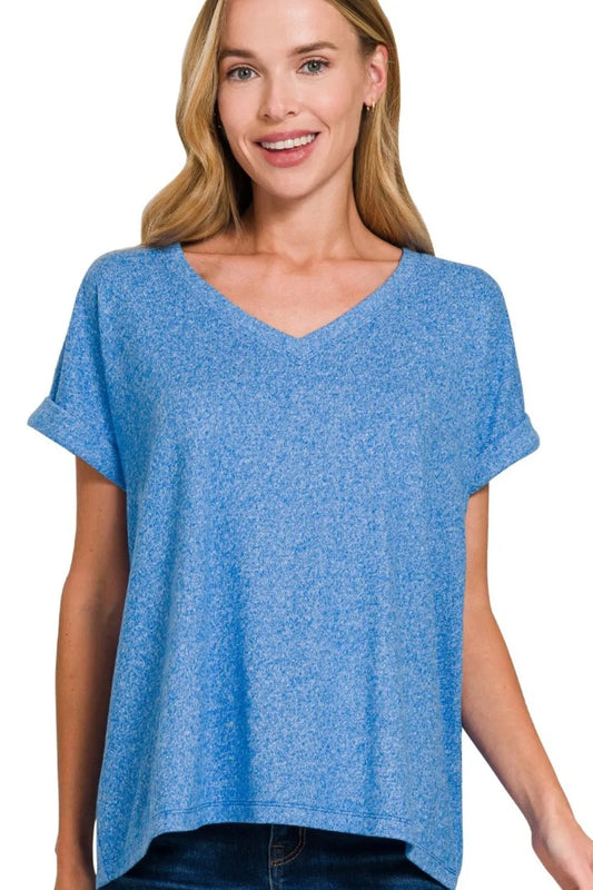 Zenana Soft Melange Hacci V-neck Tee in Blue