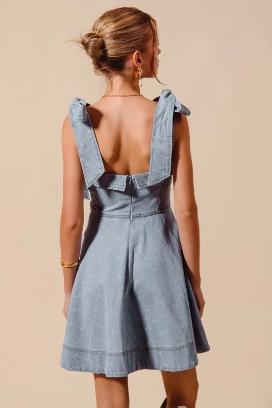 SO ME A Line Fit and Flare Diamond Bow Ribbon Denim Dress