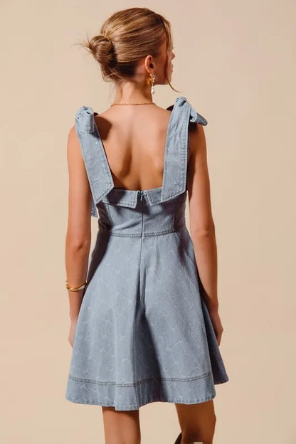 SO ME A Line Fit and Flare Diamond Bow Ribbon Denim Dress