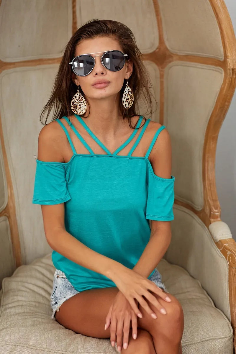 BiBi Rayon Span Jersey Lace Up Shoulder Detailed Top in Teal