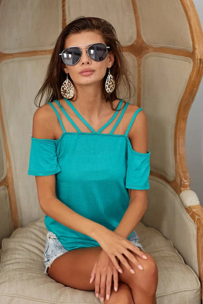 BiBi Rayon Span Jersey Lace Up Shoulder Detailed Top in Teal