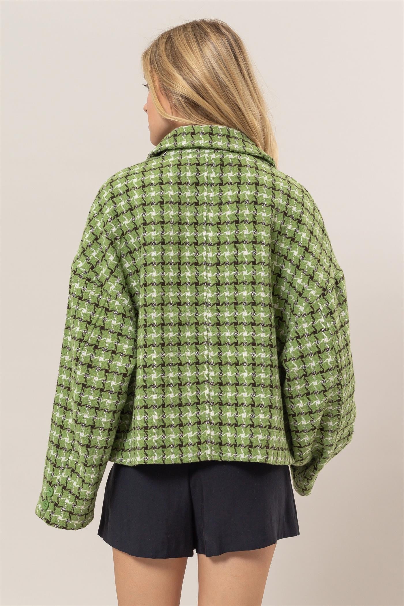 Green Tweed Plaid Button Up Collared Neck Jacket