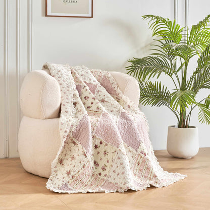DaDalogy Cotton Patchwork Throw Blanket - Floral Cottage Quilted Reversible Blush Pink & Cream Shabby Chic Botanical Ruffle Design - Vintage Garden Rose Pastel Accents (3031)- 50 x 60