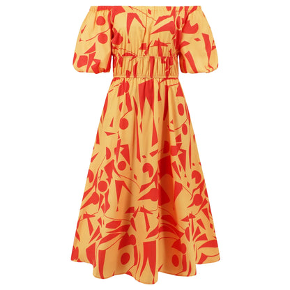 Sexy off Shoulder Bubble Sleeves Printed Maxi Dress Bohemian Dress