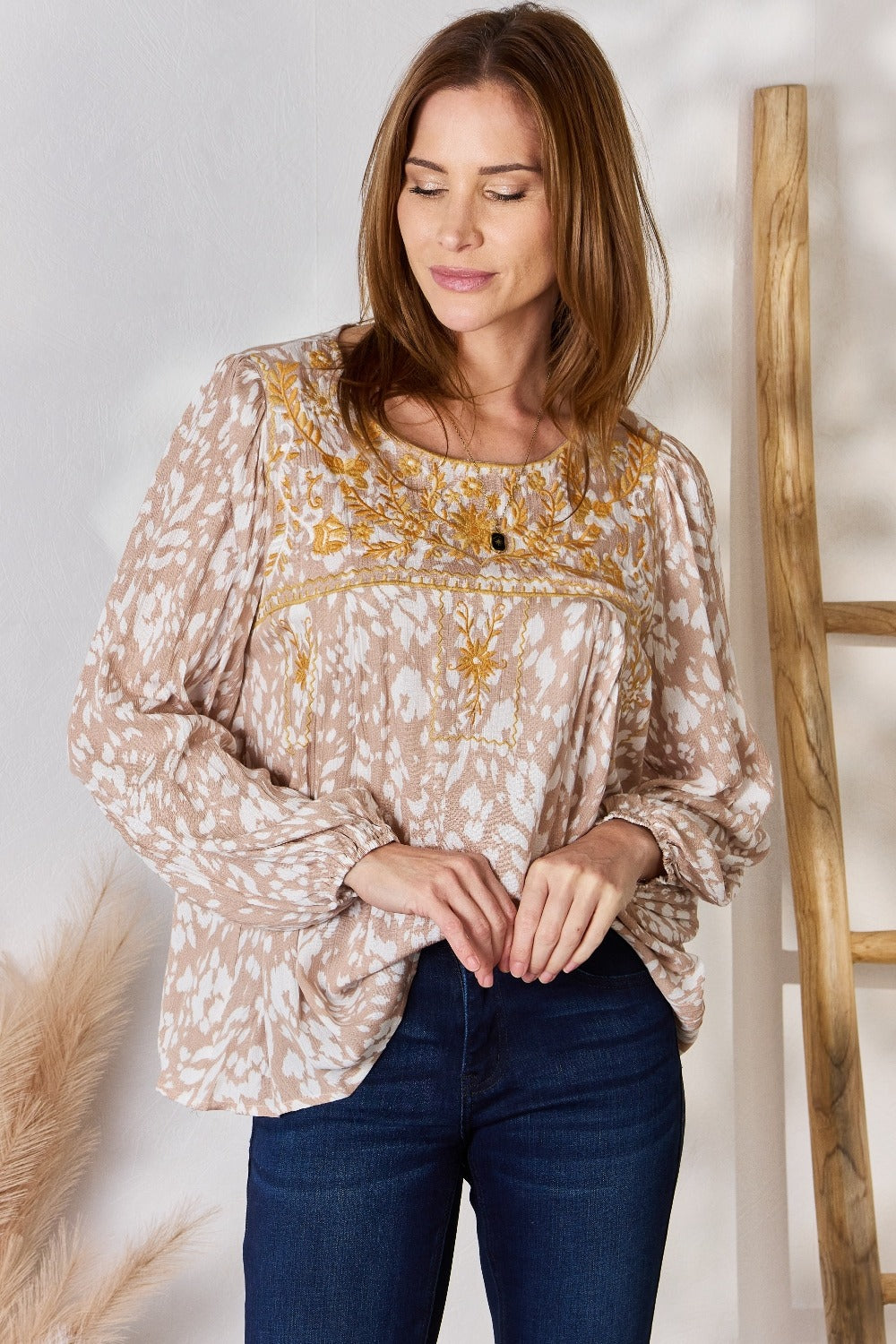 Embroidered Floral Printed Balloon Sleeve Blouse for Women