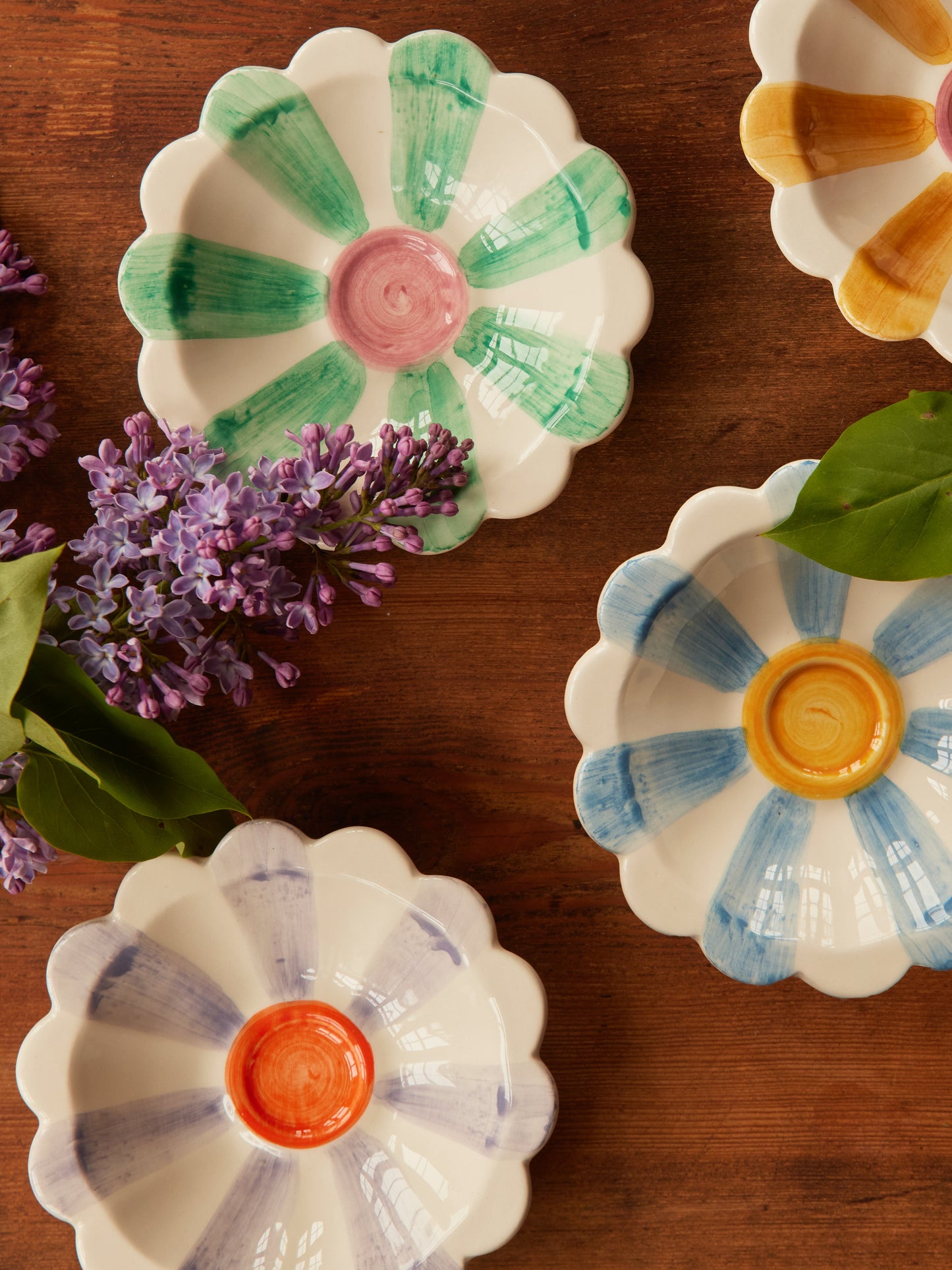 Ceramic Flower Dipping Bowl with Lavender Hand Painted Stripes