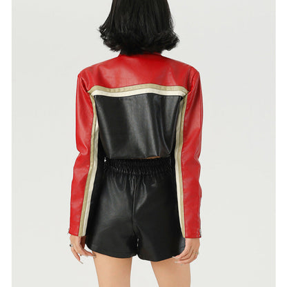 Women Cropped Vegan Leather Biker Jacket