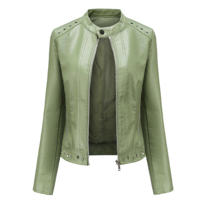 Women's Stand Collar Vegan Leather Jacket With Studs