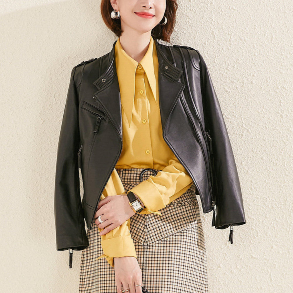Women's Lapel Collar Vegan Biker Jacket
