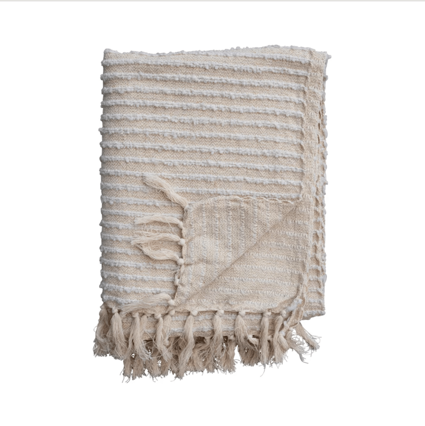 Cotton & Acrylic Throw w/ Fringe, Stripes & Gold Thread, Beige & White